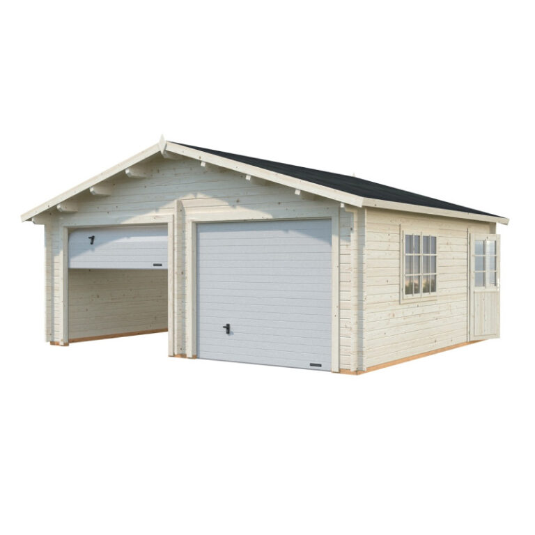 Garage double en bois brut 29,3m² Roger - madriers 44mm - porte sectionnelle - Palmako