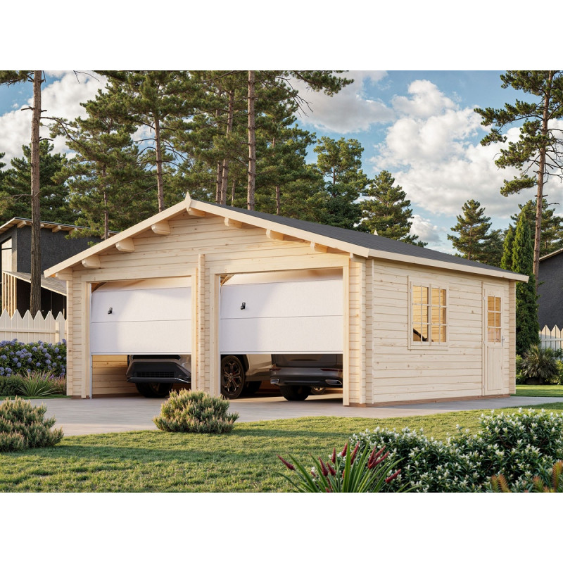 Garage double en bois brut 29,3m² Roger - madriers 44mm - porte sectionnelle - Palmako Garage double en bois brut 29,3m² Roger - madriers 44mm - porte sectionnelle - Palmako