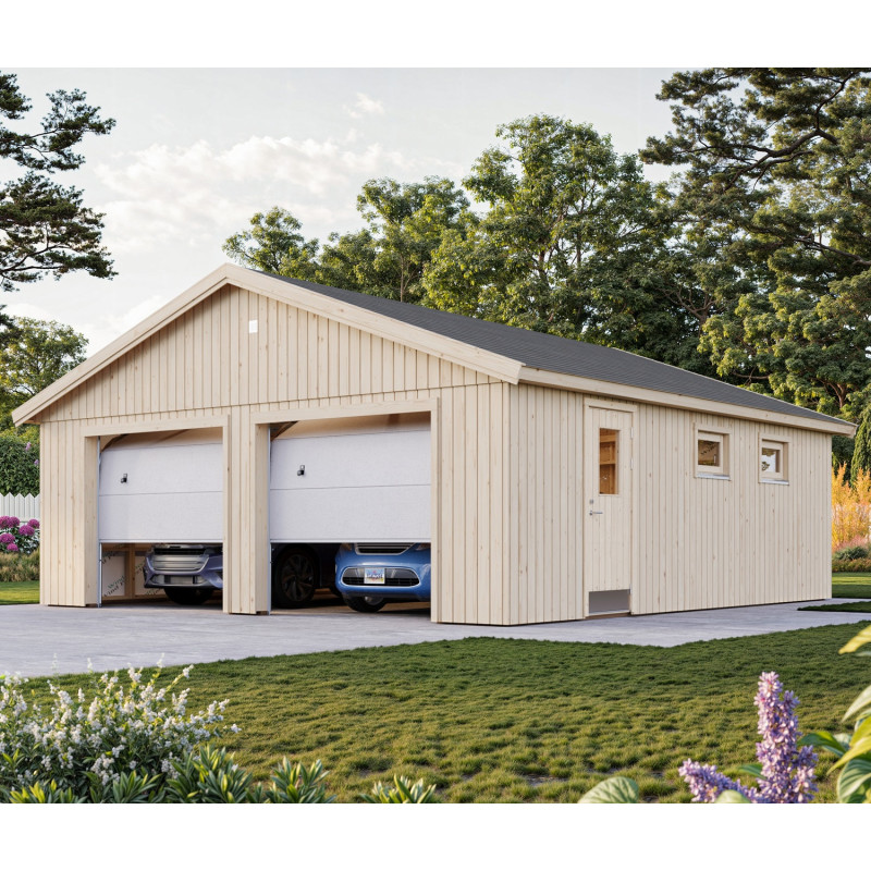 Garage double en bois brut 49,14m² Andre - panneaux 18mm - porte sectionnelle - Palmako Garage double en bois brut 49,14m² Andre - panneaux 18mm - porte sectionnelle - Palmako