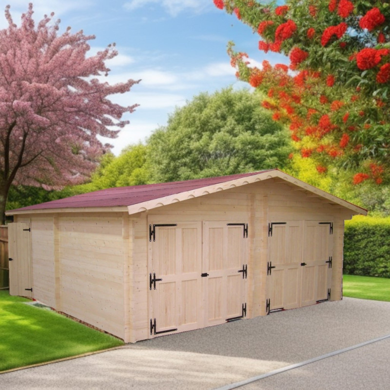 Garage double en bois massif 38,44m² – madriers 42mm – porte bois en option - Habrita Garage double en bois massif 38,44m² – madriers 42mm – porte bois en option - Habrita