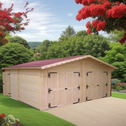Garage double en bois massif 38,44m² – madriers 60mm – porte en bois - Habrita