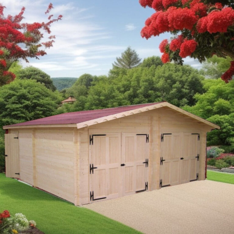 Garage double en bois massif 38,44m² – madriers 60mm – porte en bois - Habrita