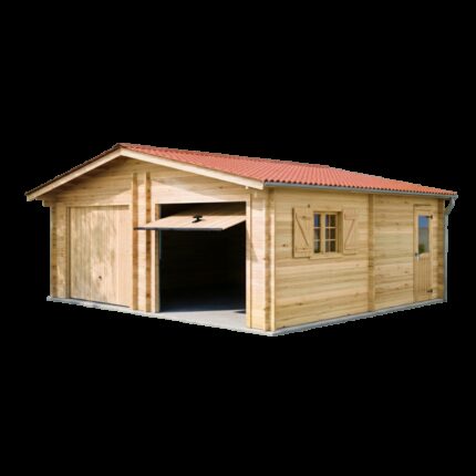 Garage double en bois massif 38,44m² – madriers 60mm – porte métallique - Habrita