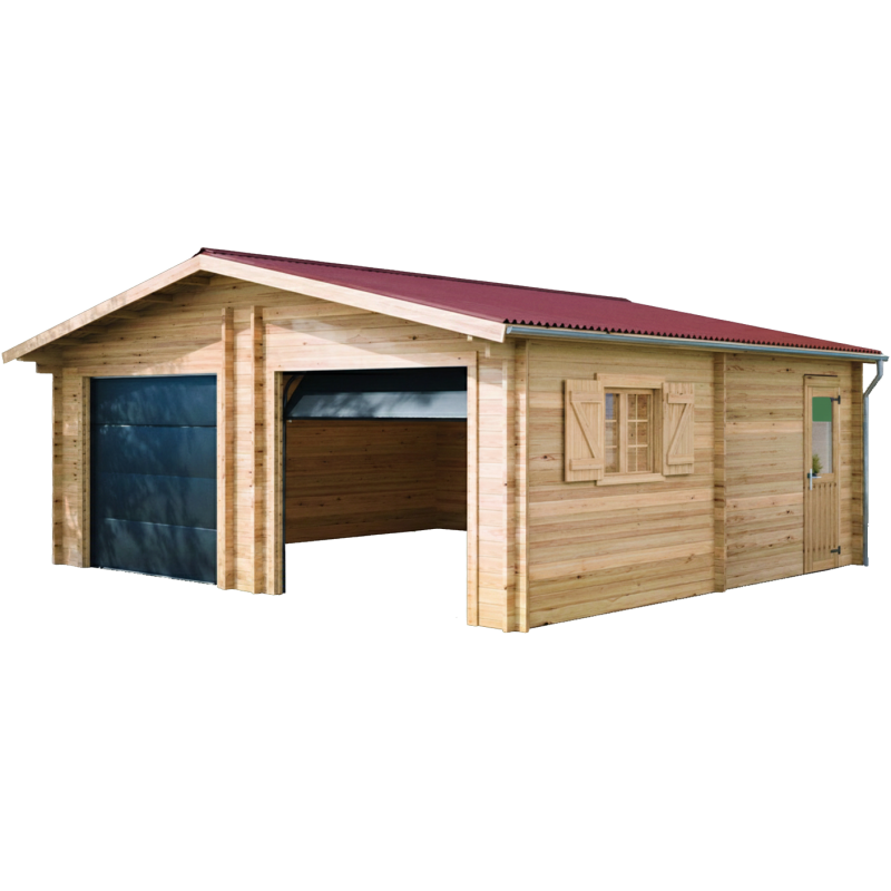 Garage double en bois massif 38,44m² – madriers 60mm – porte sectionnelle - Habrita Garage double en bois massif 38,44m² – madriers 60mm – porte sectionnelle - Habrita