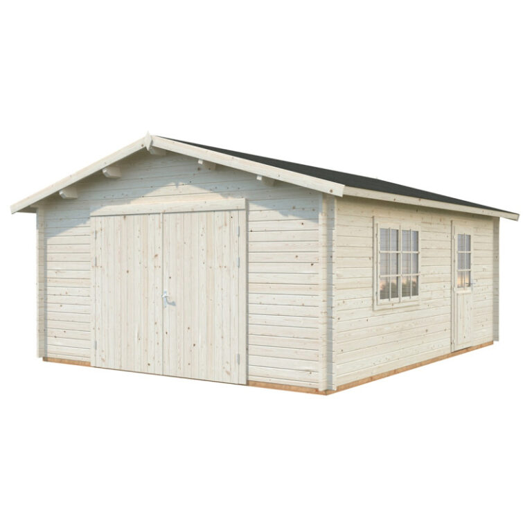 Garage en bois brut 24,8m² Roger - madriers 44mm - porte en bois - Palmako