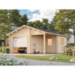 Garage en bois brut 28,05m² Roger avec terrasse - madriers 44mm - porte sectionnelle - Palmako