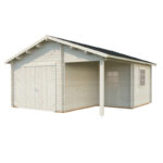 Garage en bois brut 28,05m² Roger avec terrasse - madriers 44mm - porte en bois - Palmako