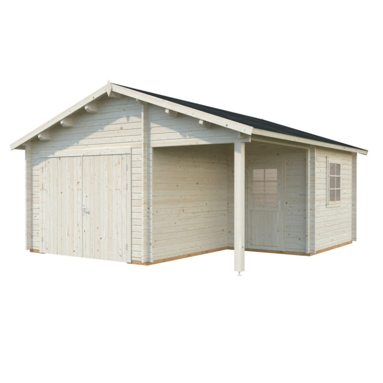 Garage en bois brut 28,05m² Roger avec terrasse - madriers 44mm - porte en bois - Palmako