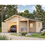 Garage en bois brut 28,05m² Roger avec terrasse - madriers 44mm - porte en bois - Palmako
