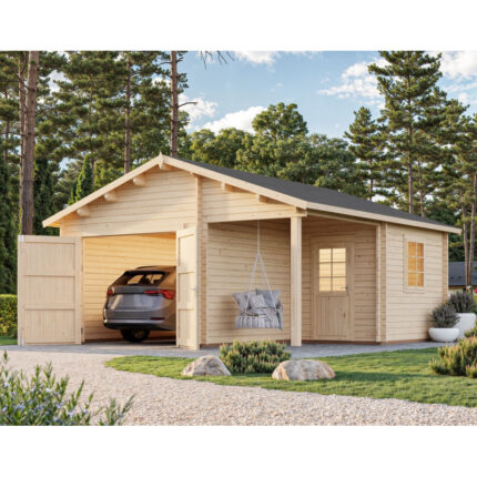 Garage en bois brut 28,05m² Roger avec terrasse - madriers 44mm - porte en bois - Palmako