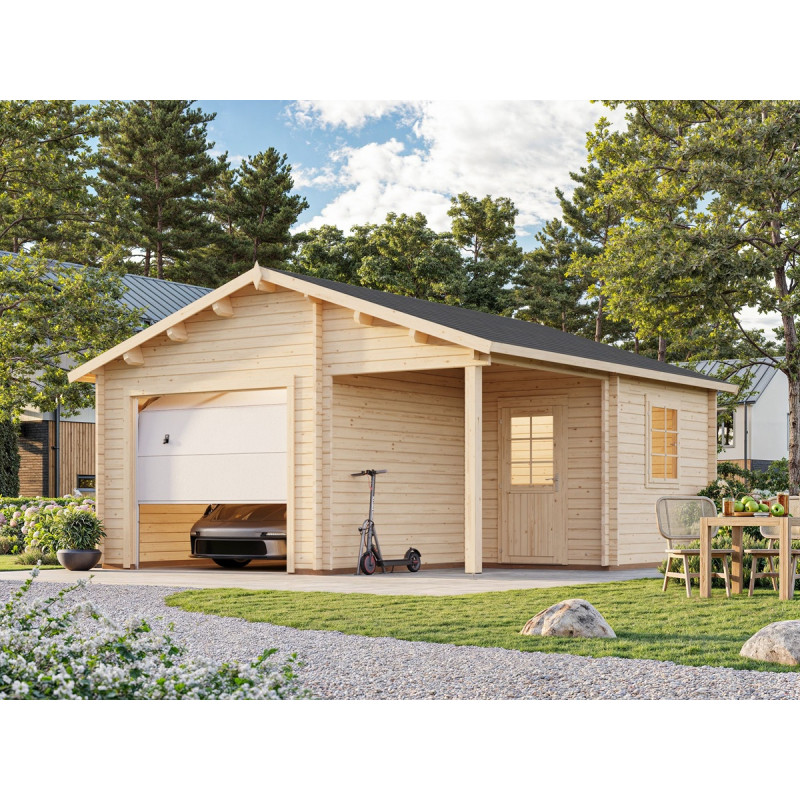 Garage en bois brut 28,05m² Roger avec terrasse - madriers 44mm - porte sectionnelle - Palmako Garage en bois brut 28,05m² Roger avec terrasse - madriers 44mm - porte sectionnelle - Palmako