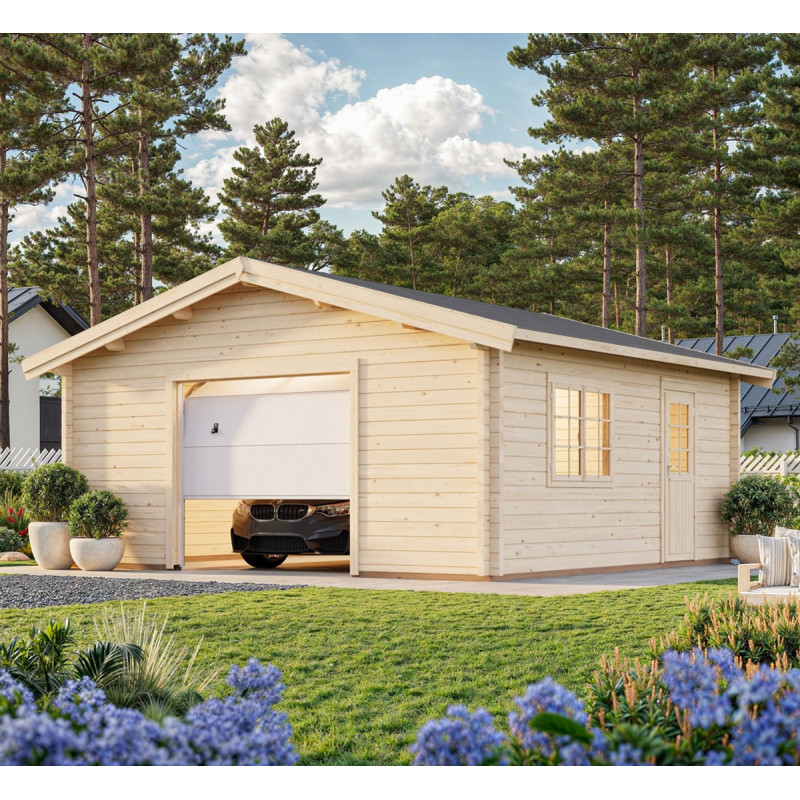 Garage en bois brut 29,16m² Roger - madriers 70mm - porte sectionnelle - Palmako Garage en bois brut 29,16m² Roger - madriers 70mm - porte sectionnelle - Palmako