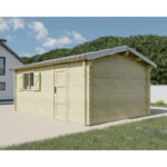 Garage en bois massif 19,73m² – madriers 42mm – toit en shingles - porte sectionnelle - Habrita