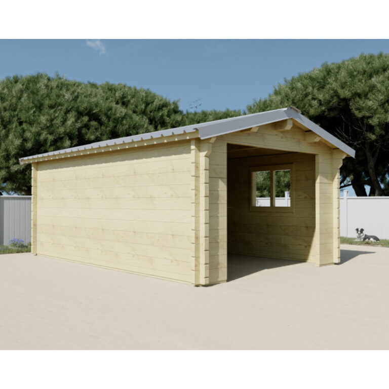 Garage en bois massif 19,73m² – madriers 60mm – toit en shingles - porte métallique - Habrita