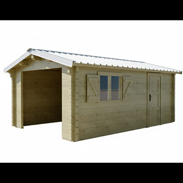 Garage en bois massif 19,73m² – madriers 60mm – toit en shingles - porte sectionnelle - Habrita
