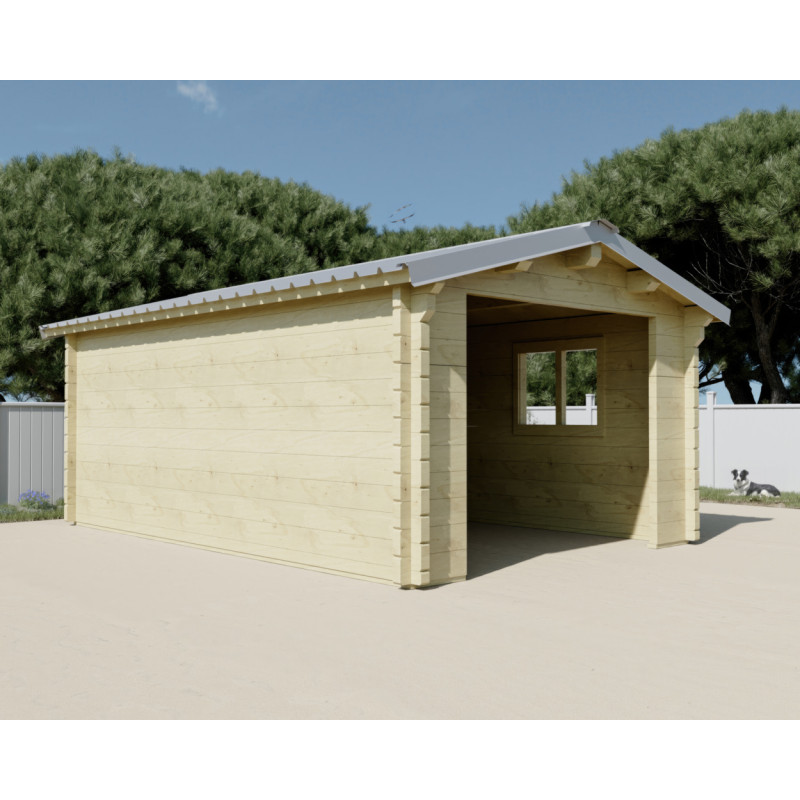 Garage en bois massif 19,73m² – madriers 80mm – toit en shingles - porte métallique - Habrita
