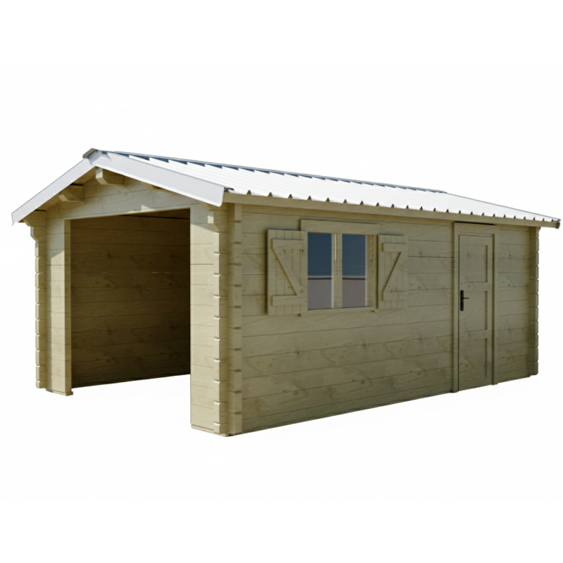 Garage en bois massif 19,73m² – madriers 80mm – toit en shingles - porte sectionnelle - Habrita Garage en bois massif 19,73m² – madriers 80mm – toit en shingles - porte sectionnelle - Habrita