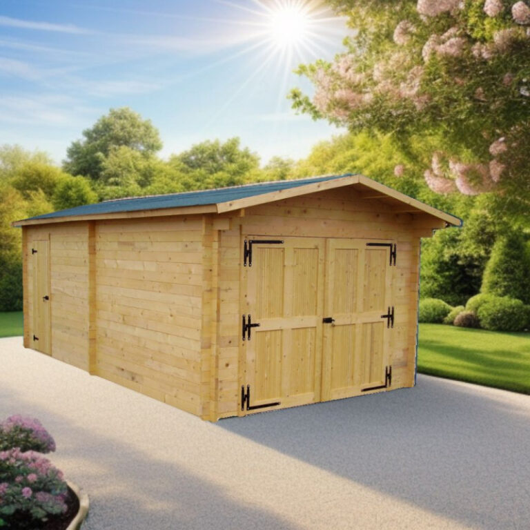 Garage en bois massif 24,23m² – madriers 60mm – porte en bois - Habrita