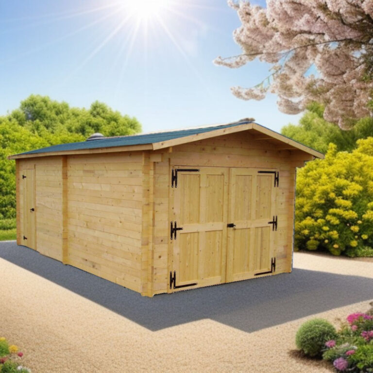 Garage en bois massif 24,23m² – madriers 60mm – porte en bois - Habrita
