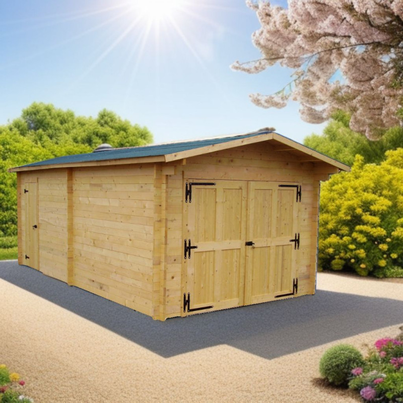 Garage en bois massif 24,23m² – madriers 60mm – porte en bois - Habrita
