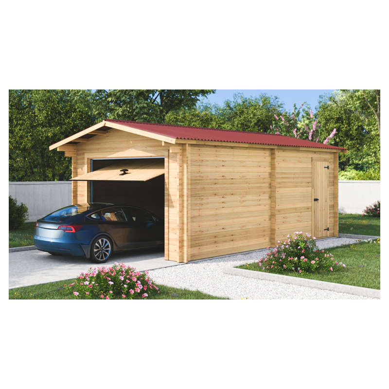 Garage en bois massif 24,23m² – madriers 60mm – porte métallique - Habrita