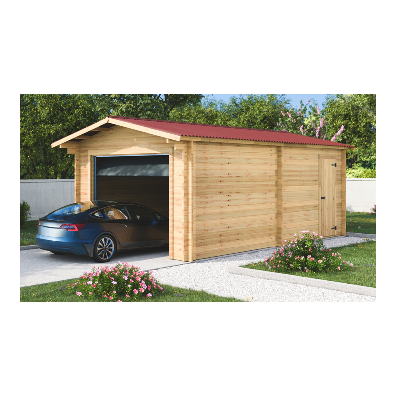 Garage en bois massif 24,23m² – madriers 60mm – porte sectionnelle - Habrita
