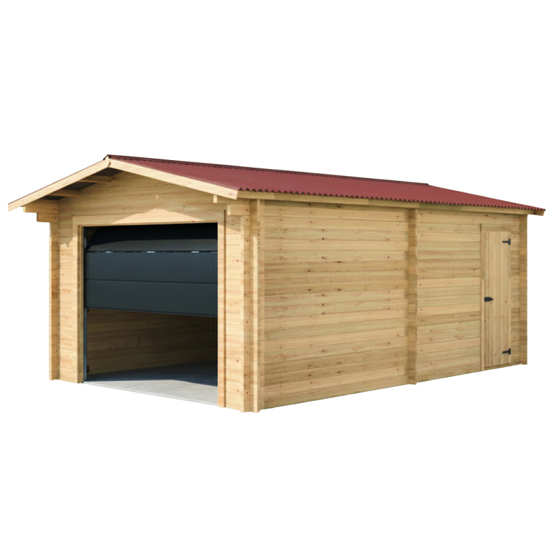 Garage en bois massif 24,23m² – madriers 60mm – porte sectionnelle - Habrita