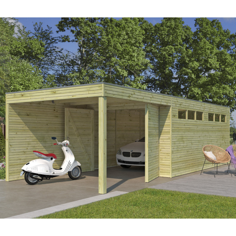Garage Qube 15,3m² + extension 300cm en bois traité autoclave madriers 27mm avec double porte battante + fenêtre – Gardenas