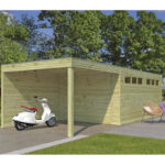 Garage Qube 15,3m² + extension 300cm en bois traité autoclave madriers 27mm avec double porte battante + fenêtre – Gardenas