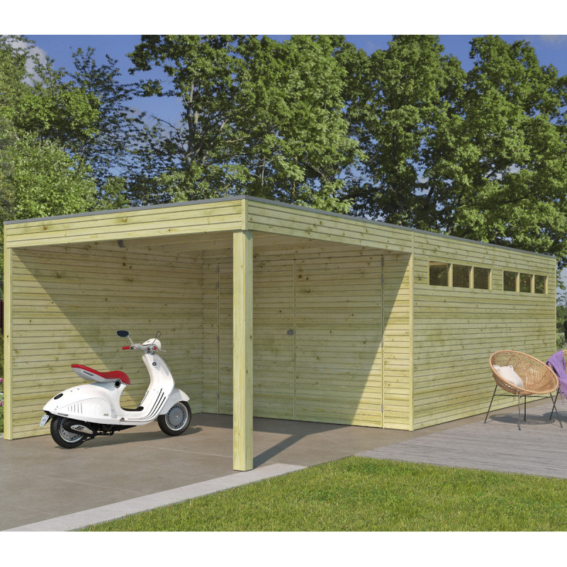 Garage Qube 15,3m² + extension 300cm en bois traité autoclave madriers 27mm avec double porte battante + fenêtre – Gardenas