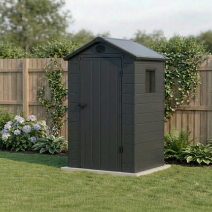 Petit abri de jardin en résine anthracite 1,39m² + kit de fondation - JOBU